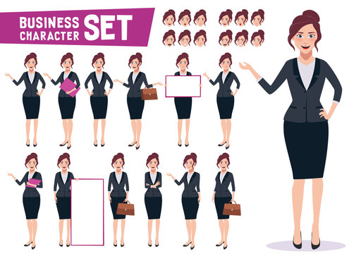 Business woman character vector set with young happy professional female office employee in different gestures and pose in white background. Vector illustration.
