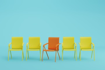 red chair and yellow chair in light blue room.