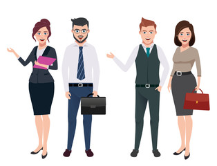 Business characters vector set with male and female business persons in different gestures and postures in white background. Vector illustration.
