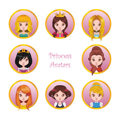 Fototapeta premium Princess avatars collection with golden frame