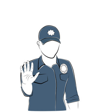 the policeman holds out his hand to stop! stop ofense. vector illustration.