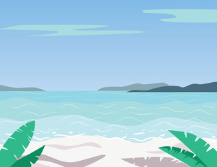 Fototapeta na wymiar Vector colorful flat style illustration of beautiful beach. Summer sunny day on resort with view in blue water and white sand
