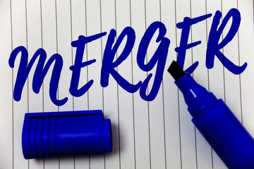 Writing note showing Merger. Business photo showcasing Combination of two things or companies...