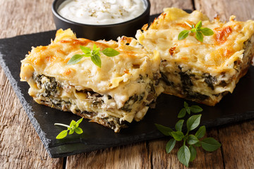 Casserole of lasagna with chicken breast, wild mushrooms, cheese, herbs and bechamel sauce close-up...