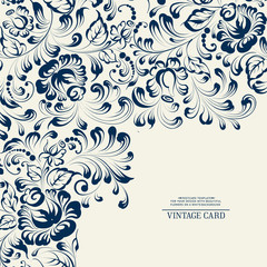 Khohloma style floral pattern. Invitation card template with khohloma design elements. Blue line design. Vector illustration.