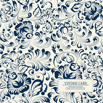 Khohloma style floral pattern. Invitation card template with khohloma design elements. Blue line design. Vector illustration.