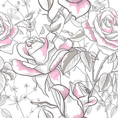 Seamless pattern with Rose, leaves and buds on a white background. Modern abstract design for paper, wallpaper, cover, fabric and other users. Vector illustration.