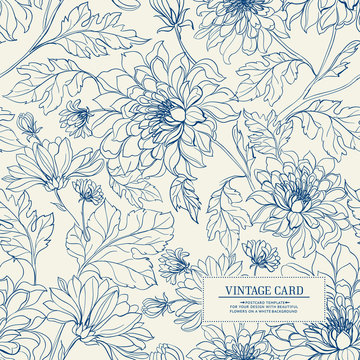 Vintage card with flowers on background. Book cover with chrysanthemums. Blue lines on white background. Vector illustration.