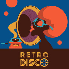 Retro disco party. Colorful vector illustration, poster.
