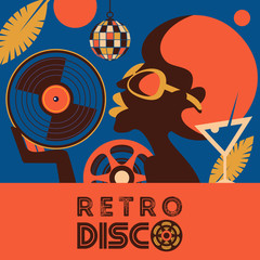 Retro disco party. Colorful vector illustration, poster.