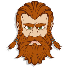 Scandinavian god of thunder and storm. Hand drawing of Thor's Head. The hammer of Thor - mjolnir. Son of Odin. Cartoon bearded man character. Norse mythology. Vector graphics to design