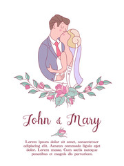 Wedding invitation. Lovely wedding card with the bride and groom. Vector illustration.