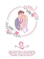 Wedding invitation. Lovely wedding card with the bride and groom. Vector illustration.