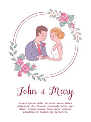 Wedding invitation. Lovely wedding card with the bride and groom. Vector illustration.