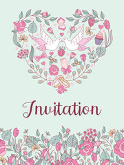 Wedding invitation. Beautiful wedding card with delicate flowers and wedding doves. Vector illustration.