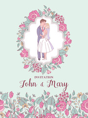 Wedding invitation. Lovely wedding card with the bride and groom. Vector illustration.