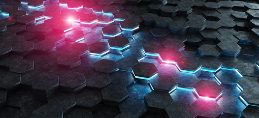 Black blue and pink hexagons background pattern 3D rendering