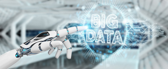 White humanoid hand using Big Data digital hologram 3D rendering