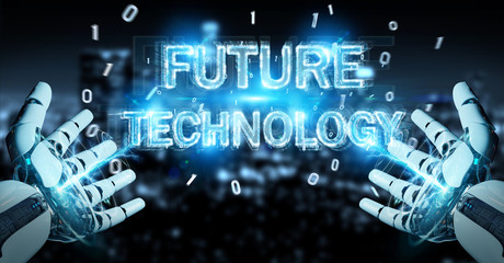 White robot hand using future technology text hologram 3D rendering