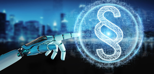 White robot hand using law paragraph digital hologram 3D rendering