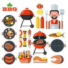 Barbecue, grill. Emblem, logo. Colorful vector illustration in flat style. - 211577964
