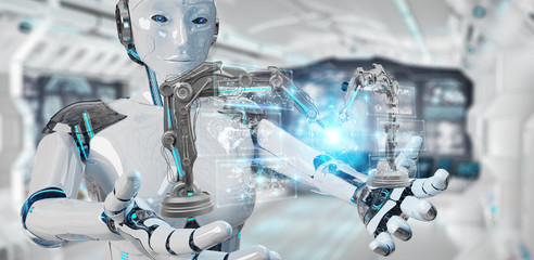 White woman robot using robotics arms with digital screen 3D rendering