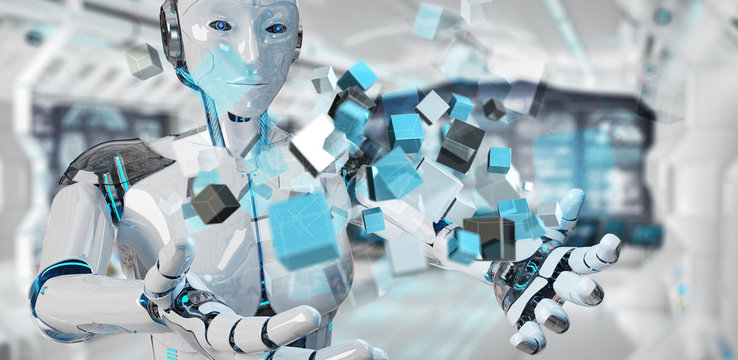 White cyborg using blue digital cube structure 3D rendering