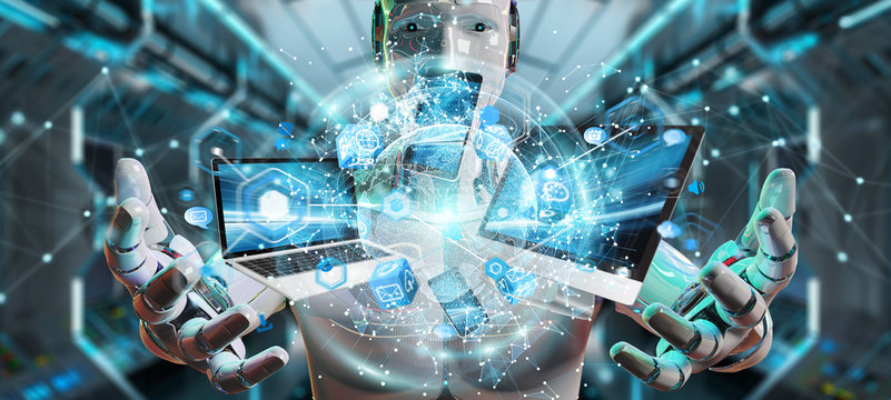 White cyborg connecting devices together 3D rendering