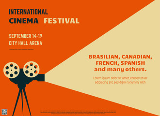 Retro style international movie festival poster template. Orange background and black colors. Film festival poster. Movie theater reel and camera. Template for movie banner or poster in retro colors.
