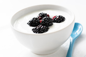 Fototapeta na wymiar Yogurt with blackberries in a bowl. Isolated on white. Healthy eating concept