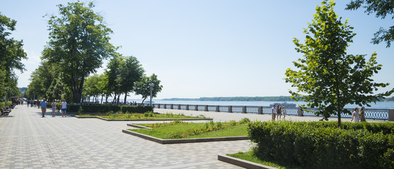 Panoramic view of the Volga river embankment in Samara, Russia. On a Sunny summer day. 30 June 2018