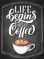 Coffee is always a good idea hand lettering, vintage calligraphy, brush handwriting type on black chalkboard background with colorful cup sketch drawing. Vector illustration.