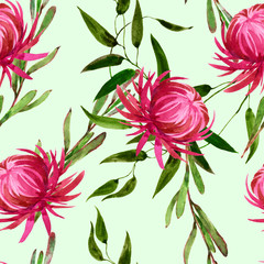 Seamless watercolor pattern of exotic pink flowers and plants.