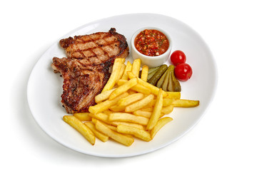 Tasty grilled meat and french fries