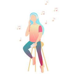 Girl listening music sitting on the stool