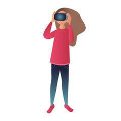 Girl wearing virtual realitu glasses on white