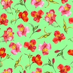 Tuinposter Seamless pattern from watercolor exotic red and pink orchids. © Nadiia