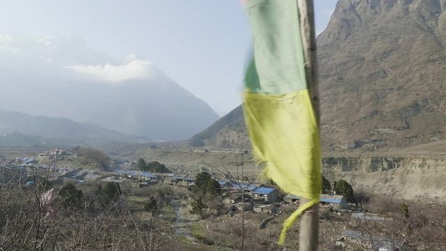 Nepalese village Sama Gaon among the mountains. Manaslu circuit trek area.