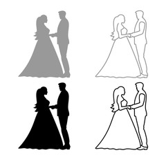 Bride and groom holding hands icon outline set grey black color