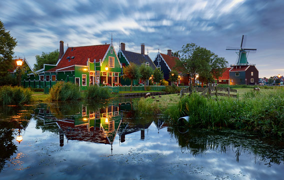 Traditional house at the historic village of Zaanse Schans, Netherlands at night