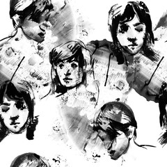 Seamless ink pattern with faces of girls, splashes, stains.