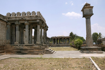 Side view of Shantinatha Basadi and Manastambha in front of it, Basadi Halli jain temple complex, Karnataka