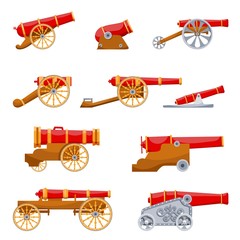 Set Vintage gun. Color image of medieval cannon firing on a white background. Cartoon style. The subject of war and aggression. Stock vector illustration - 211583114
