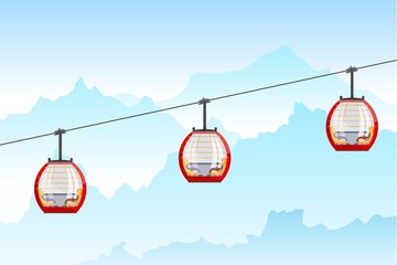 Color image of a cable car in the mountains. Three bright cabin cable car in Cartoon style on nature background. Vector illustration