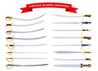 Set of cartoon style edged weapons on white background collection of sabers isolated object vector illustration