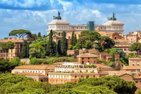 Aerial scenic view of Rome. Altar of the Fatherland also known as the National Monument to Victor Emmanuel II in Rome, Italy. Rome architecture and landmark.