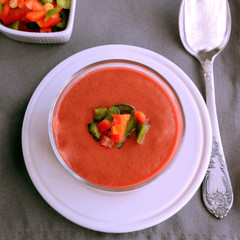 Andalusian gazpacho, Spanish tomato soup made from made of raw blended vegetables and perfect for hot summer. Healthy raw food background