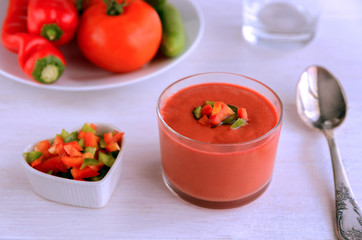 Andalusian gazpacho, Spanish tomato soup made from made of raw blended vegetables and perfect for...