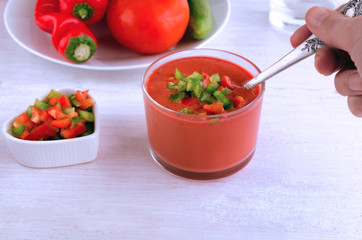 Andalusian gazpacho, Spanish tomato soup made from made of raw blended vegetables and perfect for...