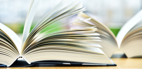 Books lying on the table in the public library